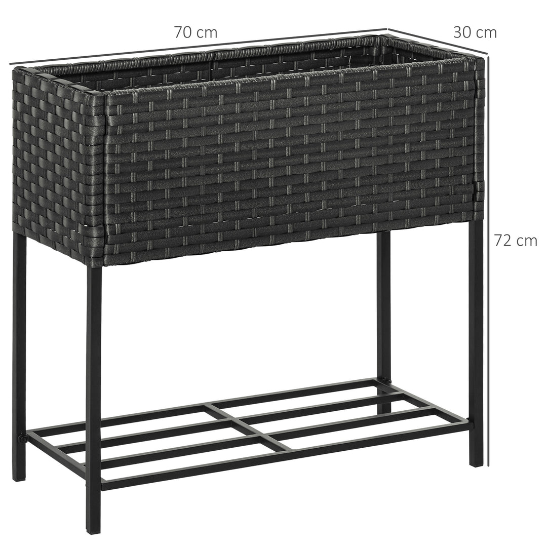 Højbed, blomsterkasse, dyb hylde, metalstel/polyrattan, 70 x 30 x 70 cm, mørkebrun