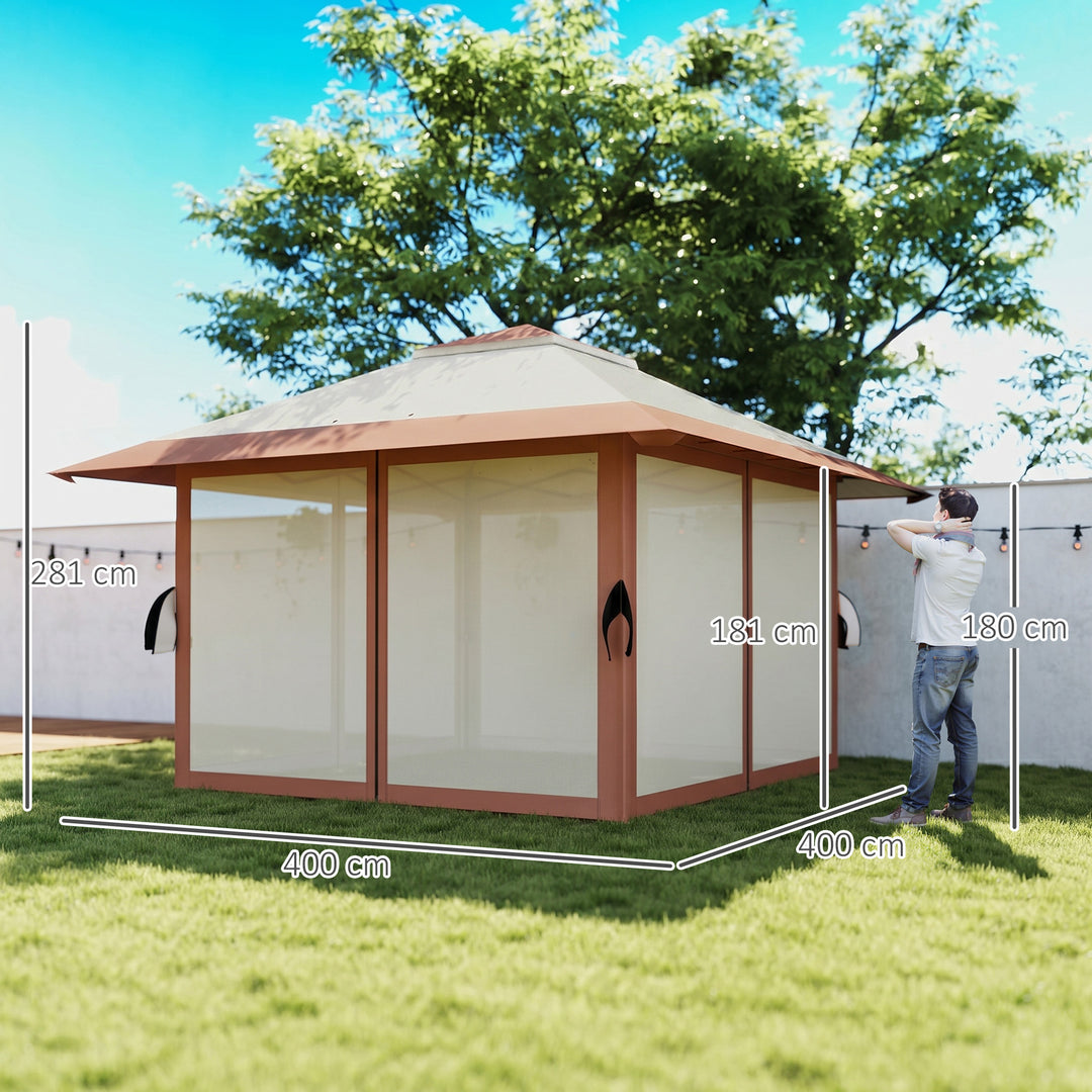 4 x 4 m havepavillon, havetelt med netvægge, UPF50+ beskyttelse, højdejusterbart partytelt, beige