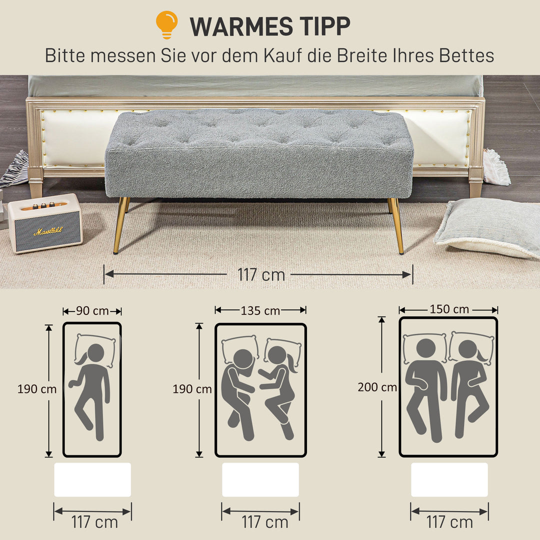 Sengebænk, siddebænk, blødt lammeuldsbetræk, op til 120 kg, forgyldte stålben, 112 x 41 x 46 cm, grå