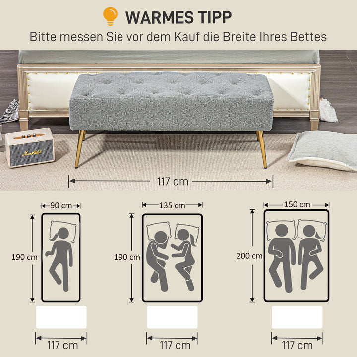 Sengebænk, siddebænk, blødt lammeuldsbetræk, op til 120 kg, forgyldte stålben, 112 x 41 x 46 cm, grå