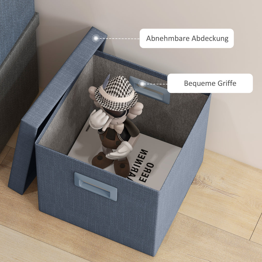 Opbevaringssæt, aftageligt låg, håndtag, sammenklappelig, stabelbar, imiteret hør, blå