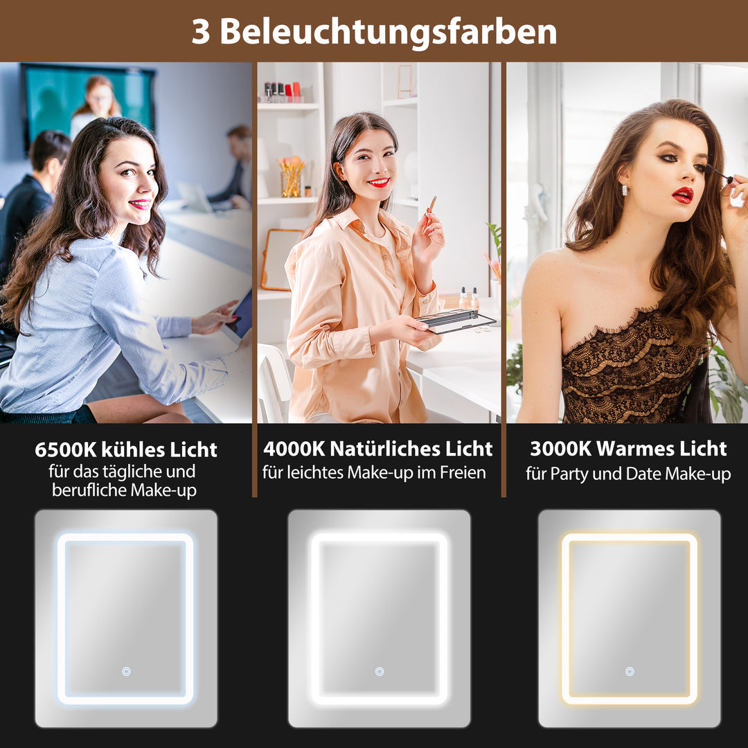 Kompakt sminkebord med spejl og led-belysning, sammenklappelig bordplade, åbne hylder, skuffe, mdf, hvid