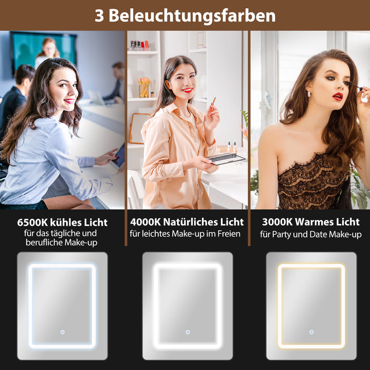 Kompakt sminkebord med spejl og led-belysning, sammenklappelig bordplade, åbne hylder, skuffe, mdf, hvid