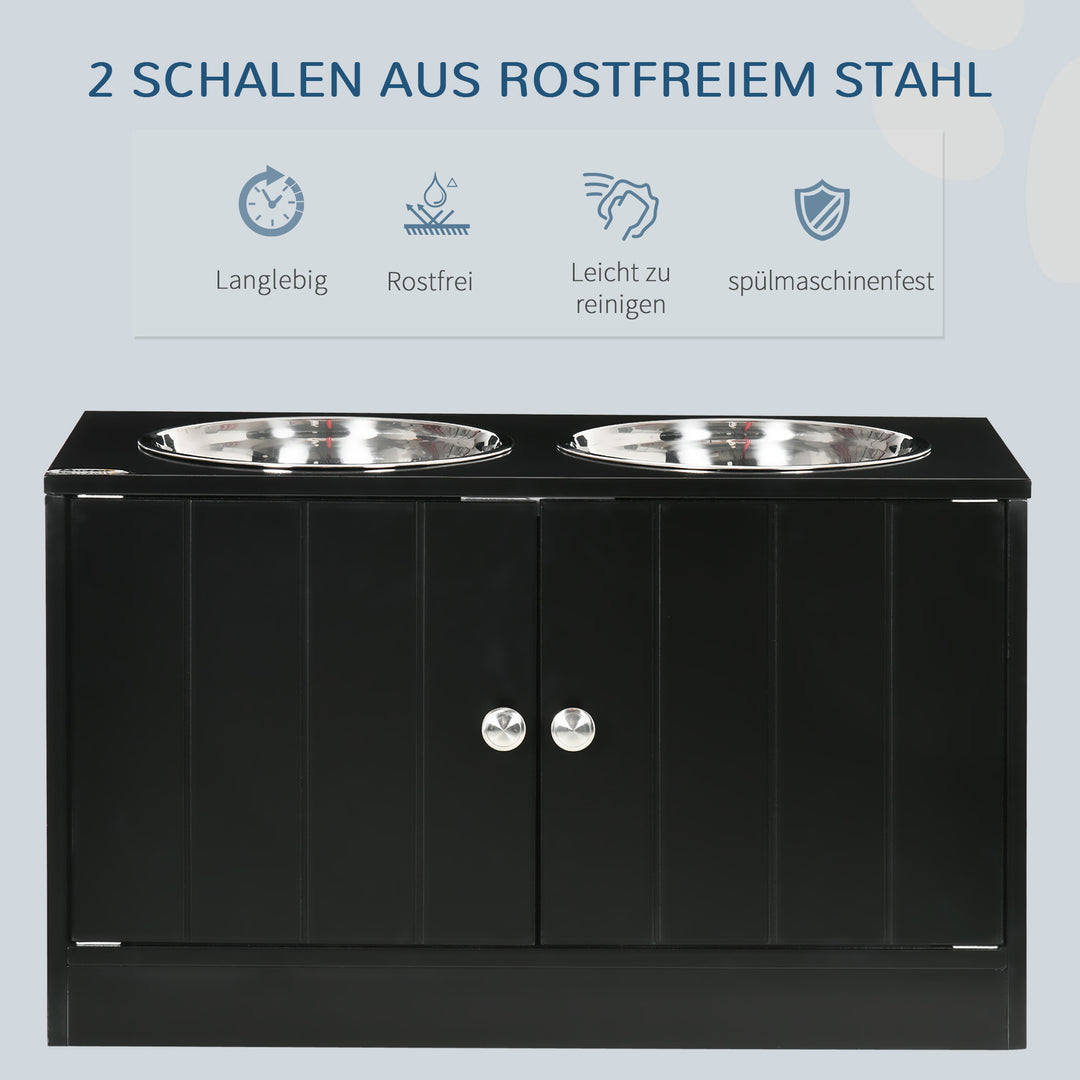Forhøjet foderstation med 2 rustfrit stålskåle og 44 l opbevaring, magnetiske døre, til store hunde, sort