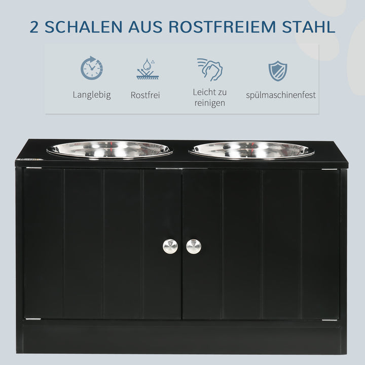 Forhøjet foderstation med 2 rustfrit stålskåle og 44 l opbevaring, magnetiske døre, til store hunde, sort