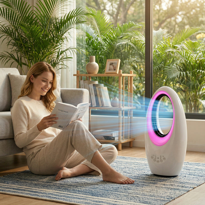Tårnventilator uden rotorblade, støjsvag ventilator med 60° oscillation, LED-belysning, 3 hastigheder, 7,5 timer