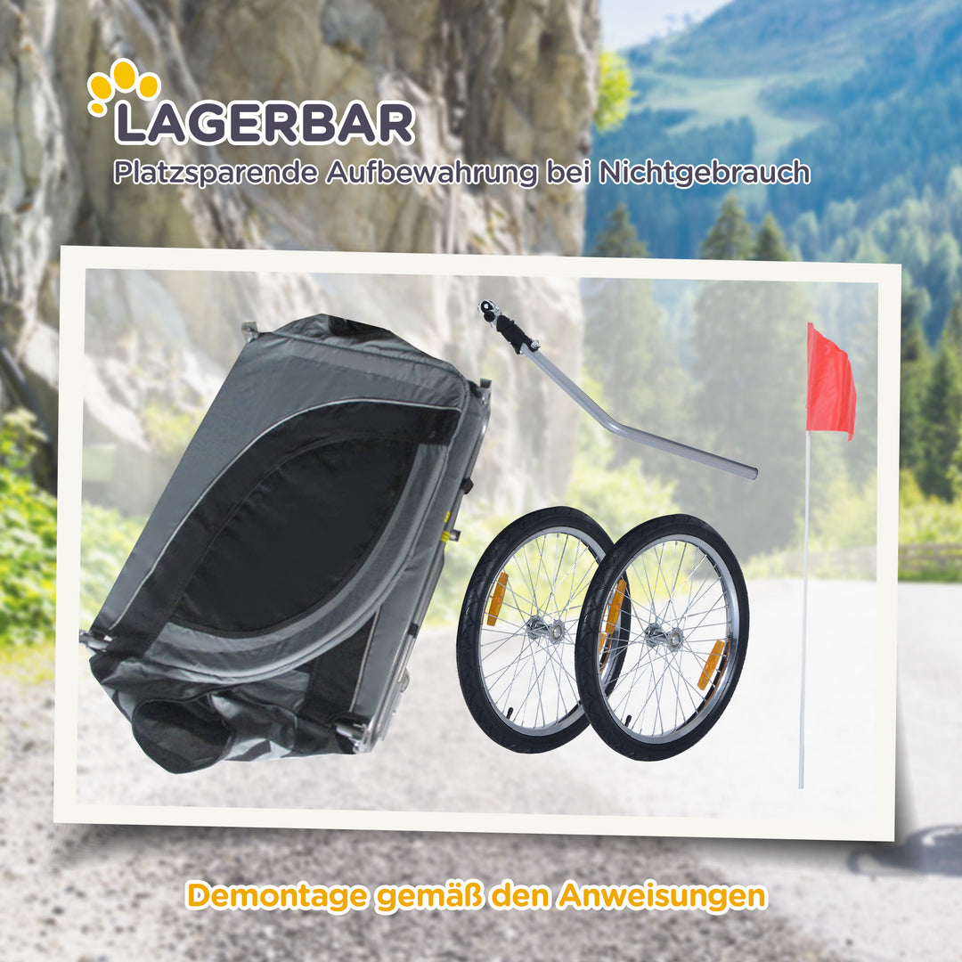 Hundetrailer, cykeltrailer op til 20 kg, foldbar med universalkobling, reflekser, flag, opbevaringsbar, stål+polyester, grå+sort, 130 x 73 x 90 cm