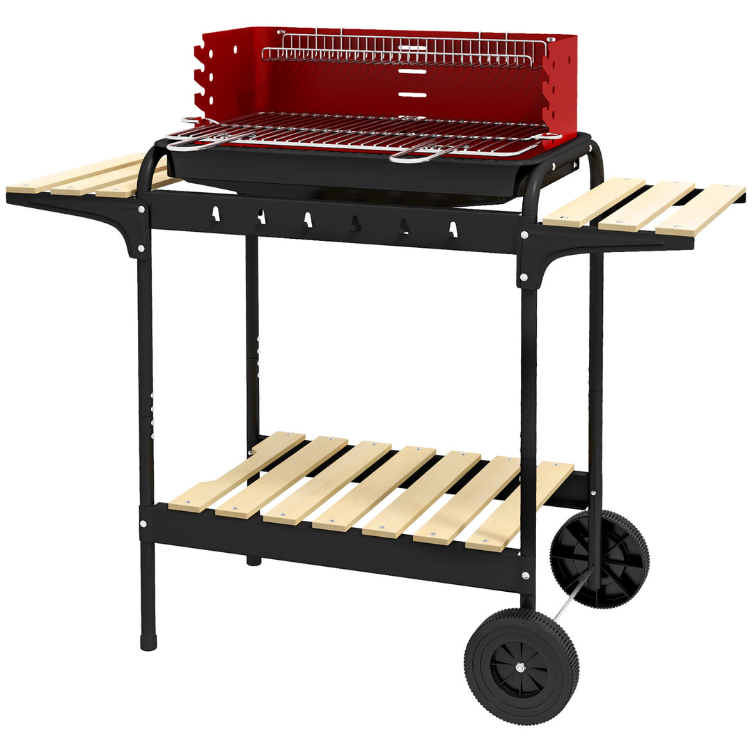 Metalkulgrill BBQ-ryger med hjul, højdejusterbar grillrist, træhylde, 103x47x95 cm, rød