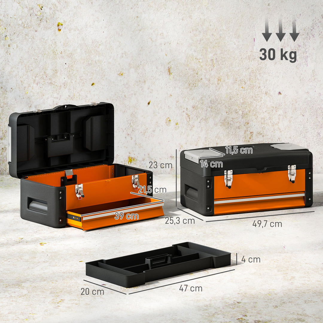Tom værktøjskasse, 49,7 x 25,3 x 23 cm værktøjskasse med skuffe, minikasse stål orange