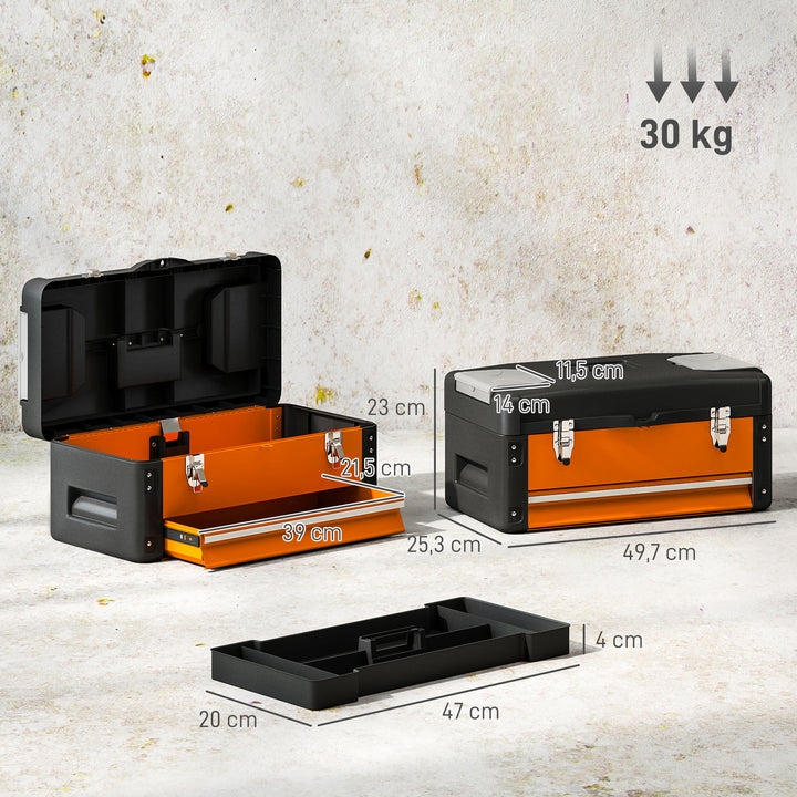 Tom værktøjskasse, 49,7 x 25,3 x 23 cm værktøjskasse med skuffe, minikasse stål orange