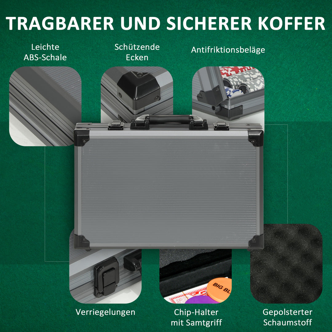 Pokersæt, pokerkasse, 400 chips, 2 sæt kort, 5 terninger, dealer-disk, måtte