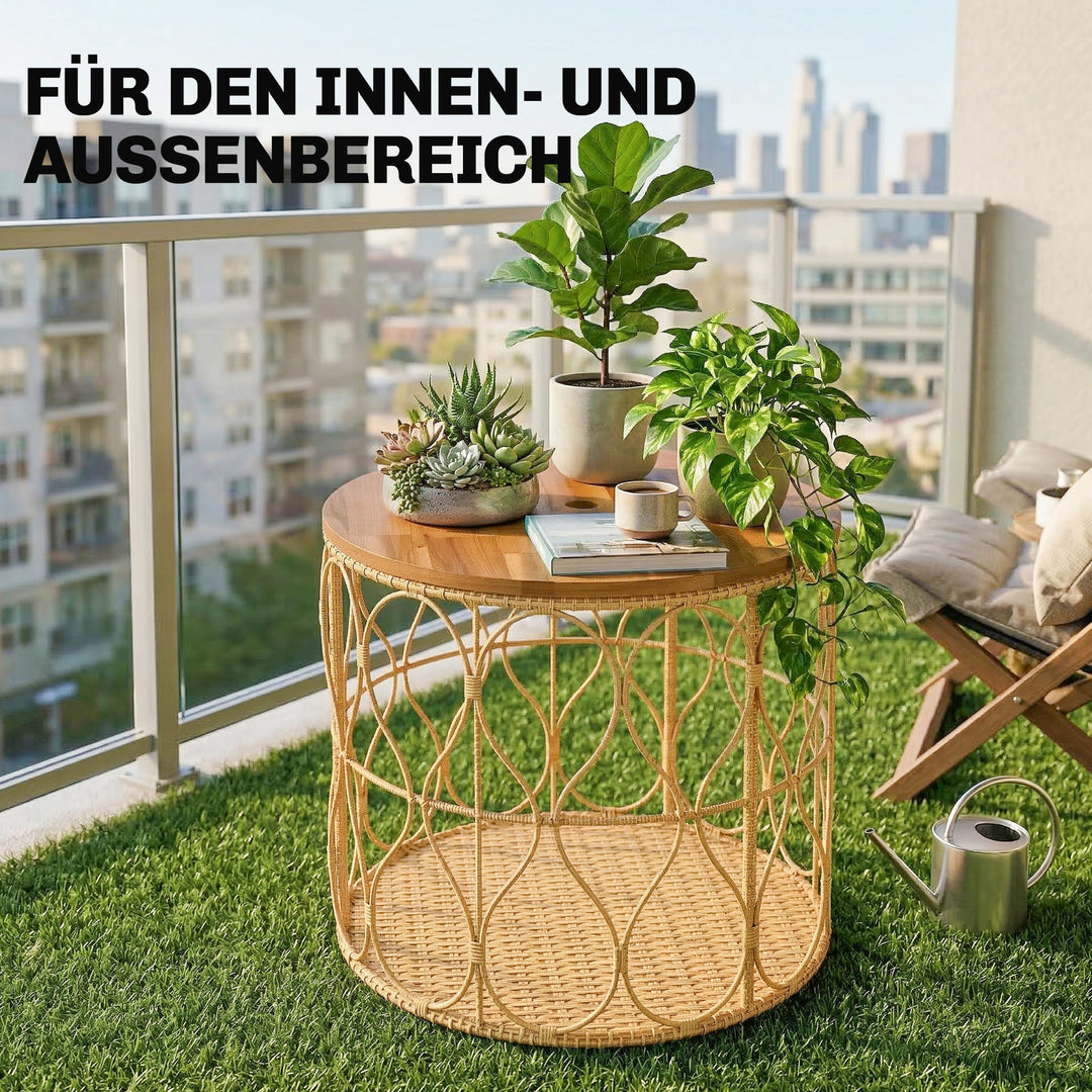 Sidebord Ø50 cm, vejrbestandigt havebord med rattan-look, bordplade i akacietræ, justerbare fødder, teak