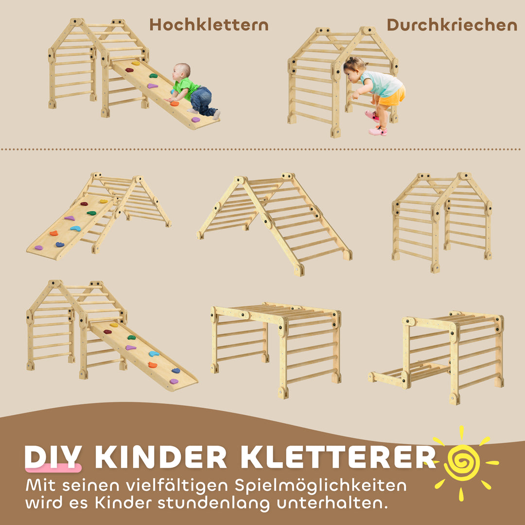3-i-1 foldbart klatrestativ med stige og rutsjebane/klatrevæg, lavet af træ, til børn i alderen 1,5-4 år