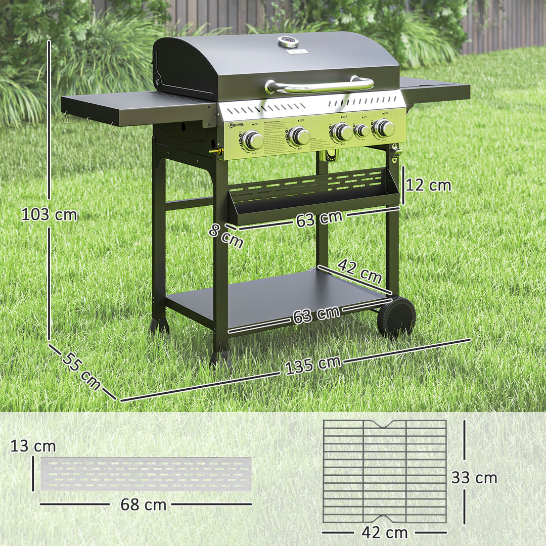 Gasgrill, BBQ-grill, 4 hovedbrændere, 1 sidebrænder, 1 varmeplade; 135 x 55 x 103 cm, sort