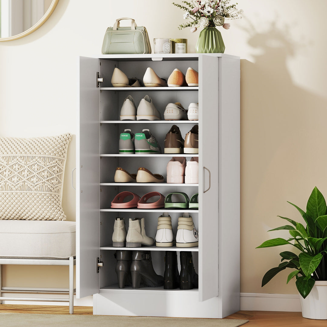 Skoskab med soft-close hængsler, justerbare hylder, 6-etagers skohylde til entré, til 14 par, 55 x 35 x 108 cm, hvid