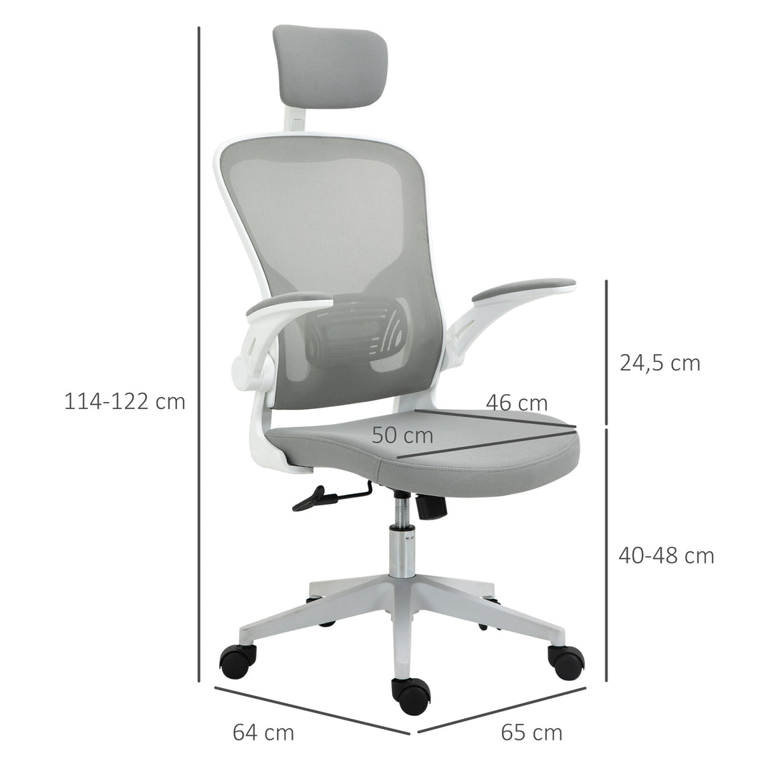 Kontorstol ergonomisk skrivebordsstol med vippefunktion høj ryg lændestøtte nakkestøtte foldbar armlæn hjemmekontor grå 65 x 64 x 114-122 cm