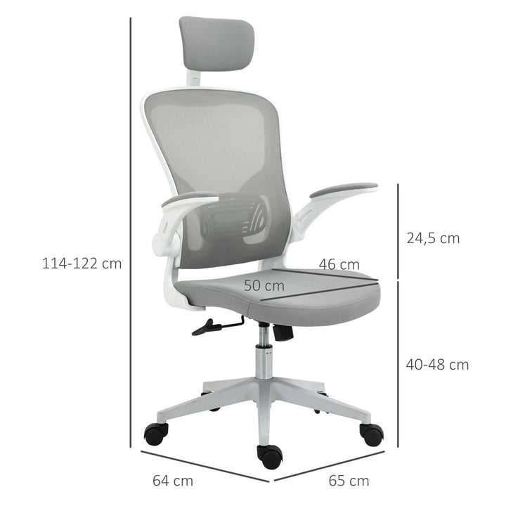 Kontorstol ergonomisk skrivebordsstol med vippefunktion høj ryg lændestøtte nakkestøtte foldbar armlæn hjemmekontor grå 65 x 64 x 114-122 cm