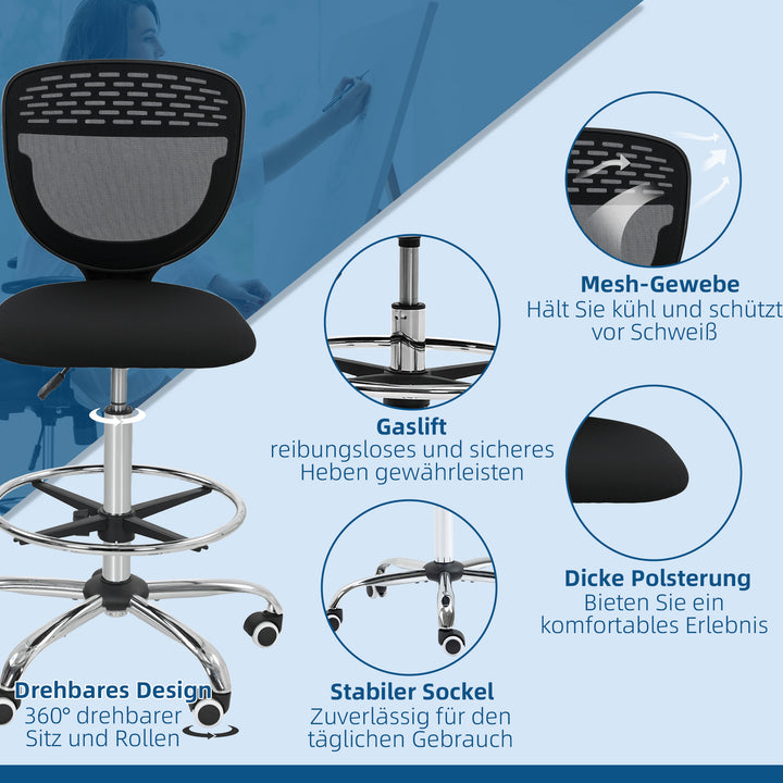 Kontorstol, arbejdsstol, skrivebordsstol, højdejusterbar, polstret, sort