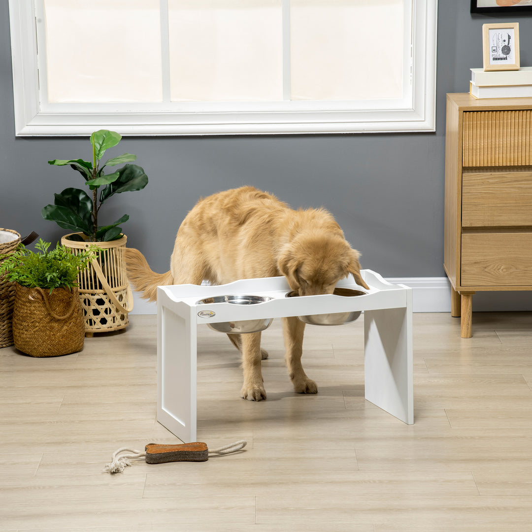 Foderstation, skålstativ, 2 2-liters foderskåle, rustfrit stål, til store hunde, hvid, 63 x 30 x 24 cm