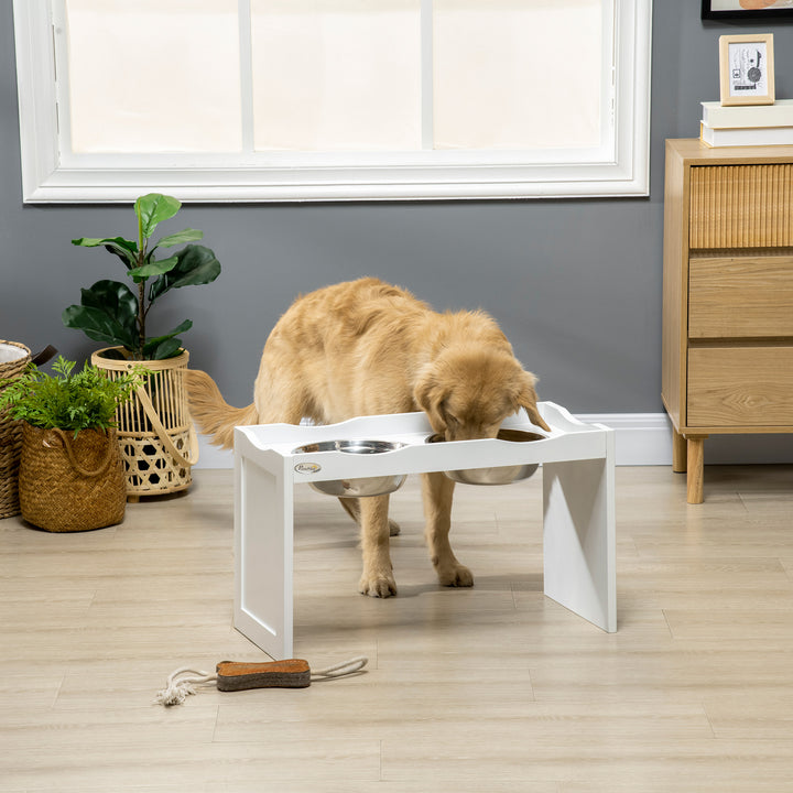 Foderstation, skålstativ, 2 2-liters foderskåle, rustfrit stål, til store hunde, hvid, 63 x 30 x 24 cm