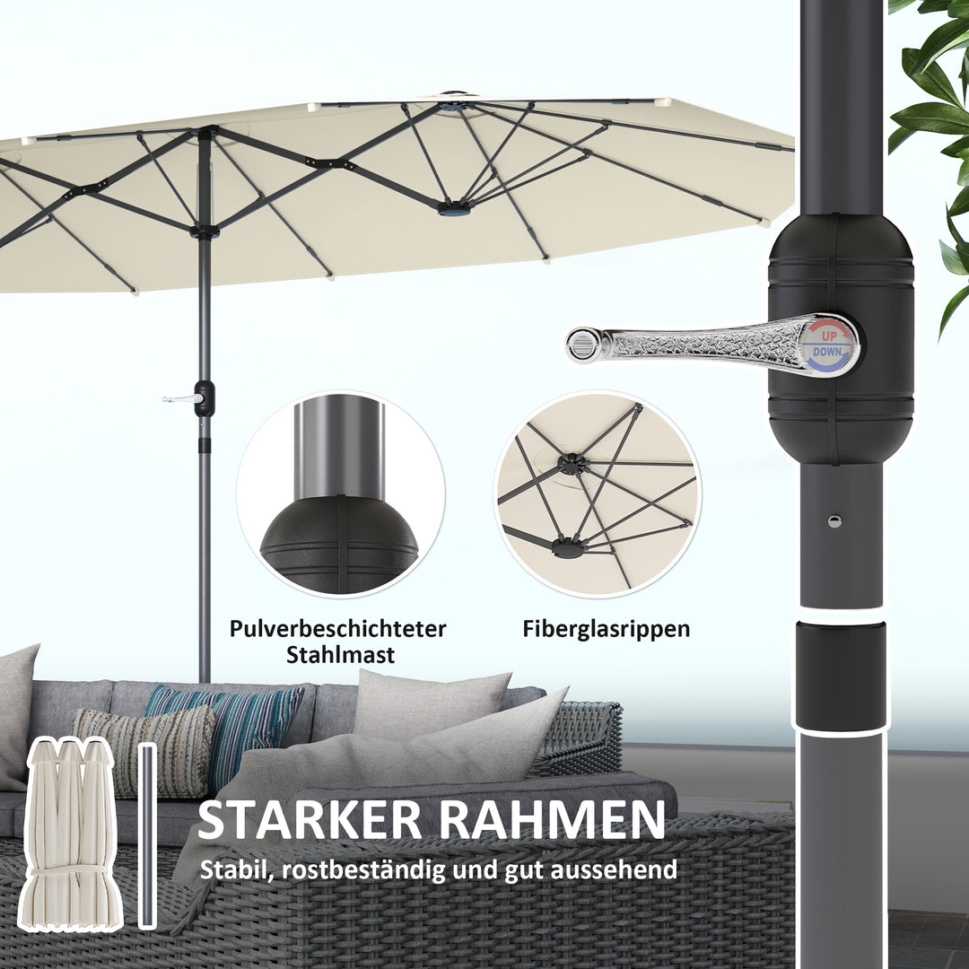 Dobbeltparasol 436 x 260 cm, uv-beskyttende stålparasol med håndsving, oval beige
