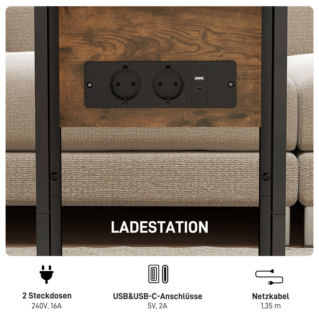 Sammenklappeligt sidebord, ladestation med USB-porte, metal, 39 x 29 x 57 cm, brun