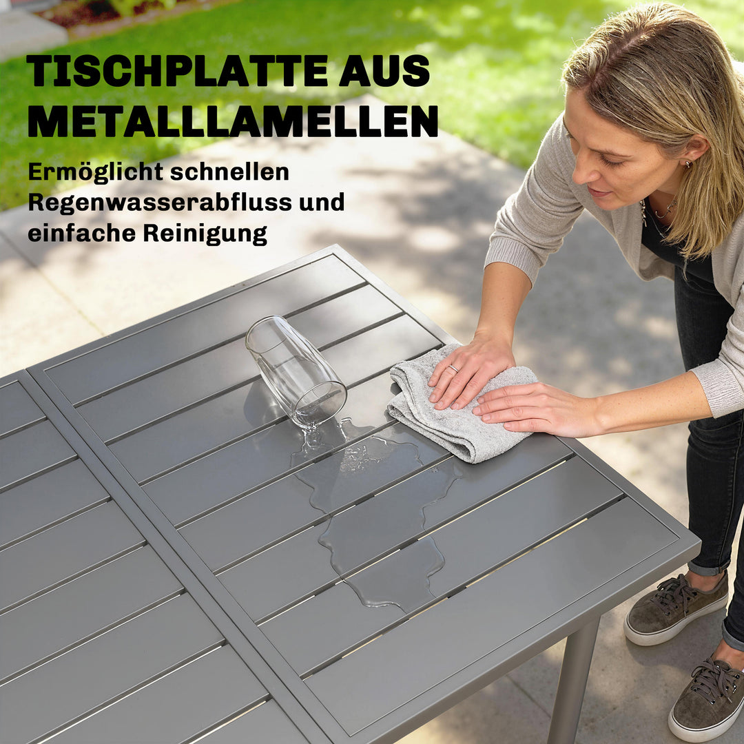 Havebord 165 x 80 cm til 6 personer, spisebord med lamelplade, stålstel, rektangulært