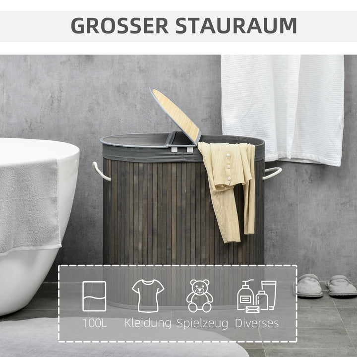 100 L vasketøjskurv med låg, håndtag, 2 sektioner, aftagelig vasketøjspose, til soveværelse, badeværelse, bambus, grå