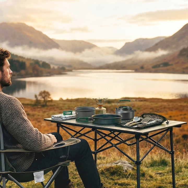 Campingkøkkensæt med skoldningssikre håndtag, 8 dele, grå