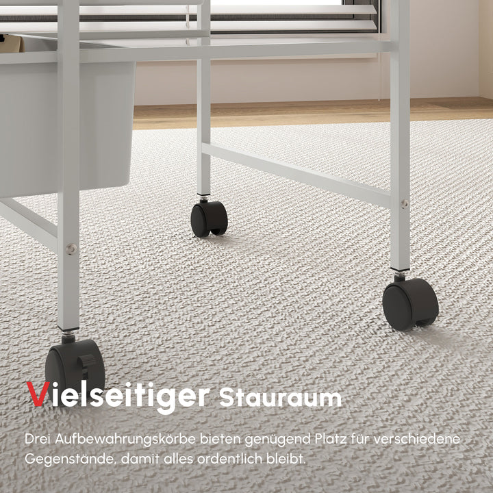 Sidebord med hjul, 3 kurve til transport og opbevaring, køkkenrulle, 40,8L x 33,5B x 60,5H cm, hvid