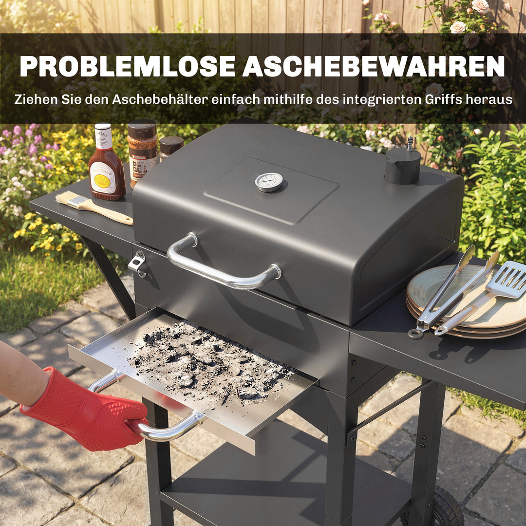 Kulgrill med låg, BBQ-røgergrill med 2 sideborde, stor grilloverflade, grillrist, termometer, hjul