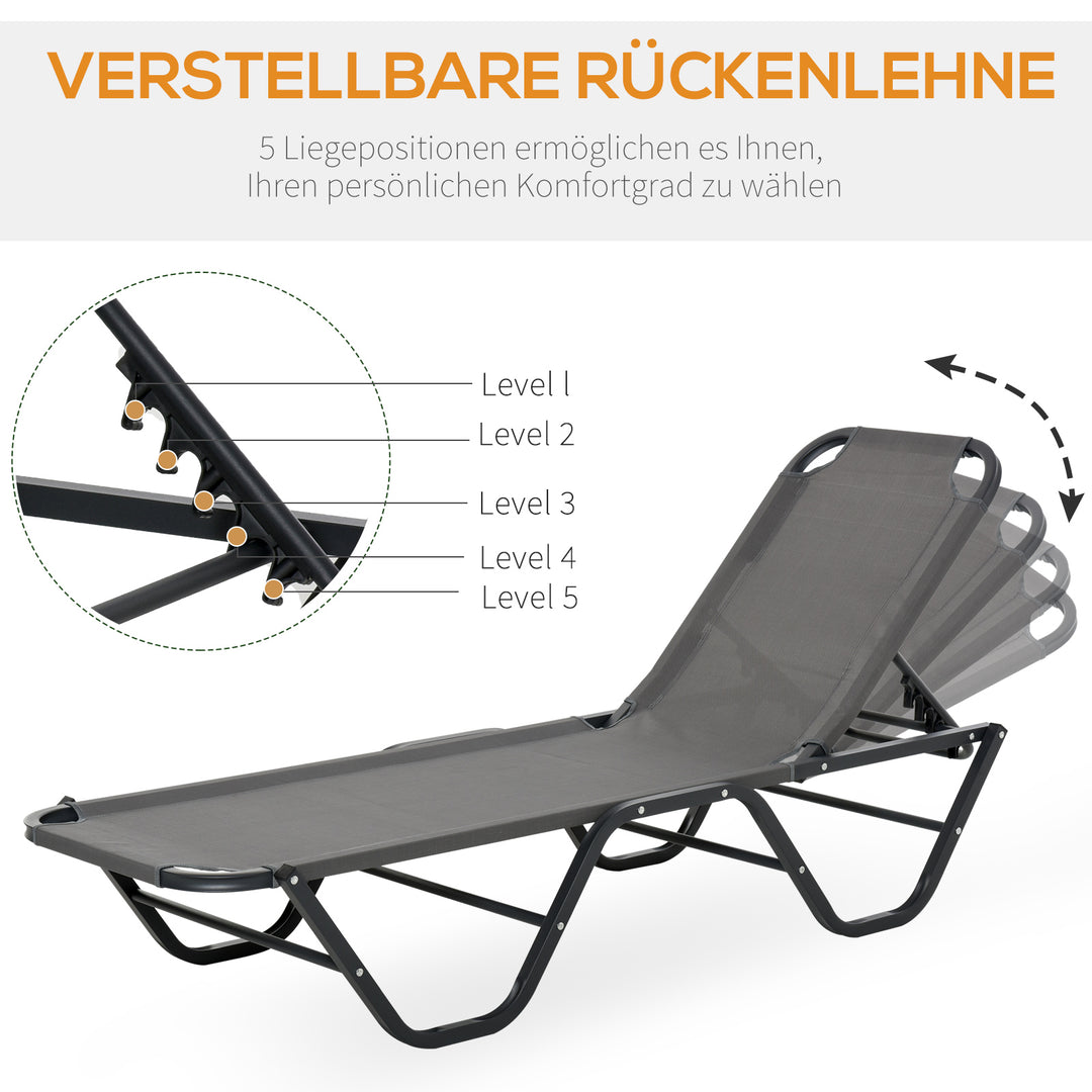 Solseng strandseng 5-niveauer aluminium haveseng afslappende liggestol textileline grå+sort 163 x 58,5 x 91 cm