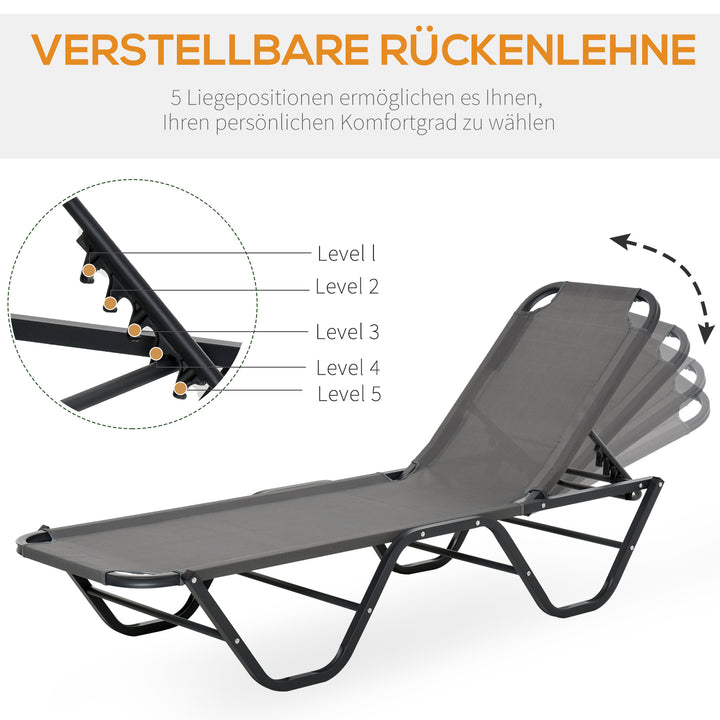 Solseng strandseng 5-niveauer aluminium haveseng afslappende liggestol textileline grå+sort 163 x 58,5 x 91 cm