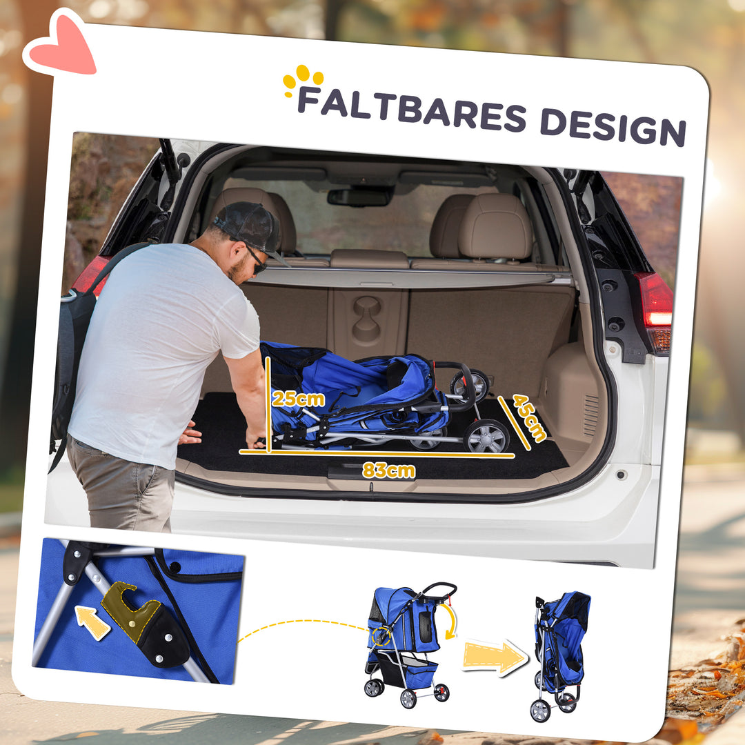 Hundevogn op til 10 kg sammenklappelig netkurv med vindue og 2 kopholdere blå