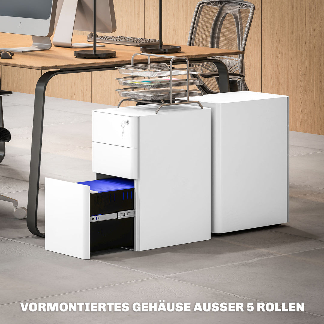 Metal arkivskab, kontorskab, 3 skuffer, på hjul, hvid