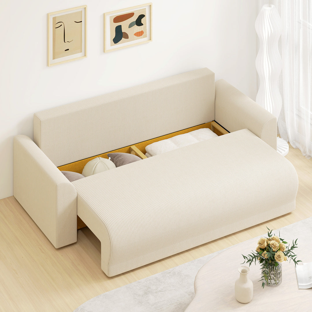 Sovesofa 190x150cm 3-personers sofa med sovefunktion, hynder, opbevaringsplads, corduroy-look til stuen, beige