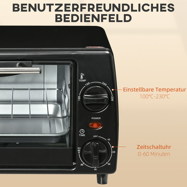 Miniovn brødristerovn, 1 bageplade, 1 grillrist, 10 l kapacitet, timerfunktion, 36,5 cm x 26 cm x 22 cm, sort