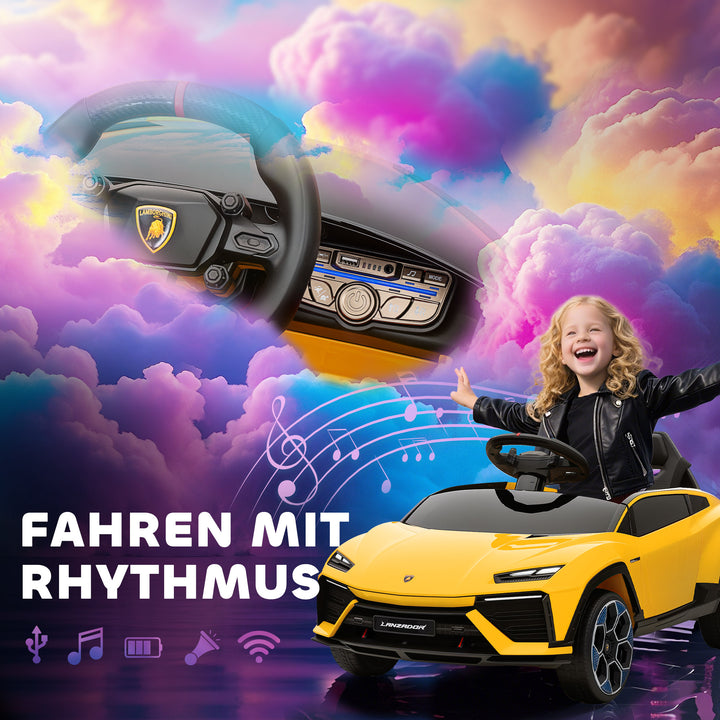 Børne elbil, 12V, med 2,4 GHz fjernbetjening, 2 motorer, horn, LED-lys, musik, 101,5 x 49 x 43 cm, gul