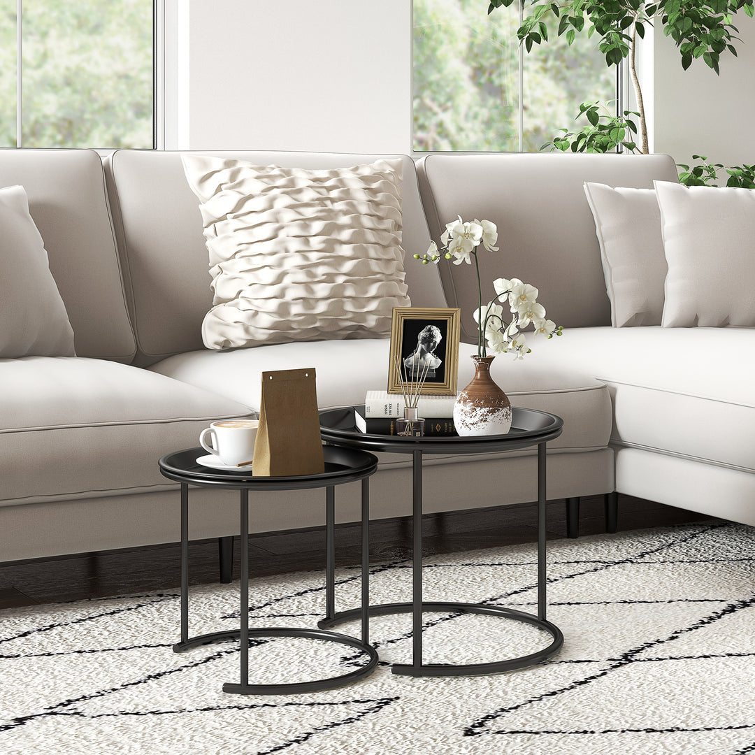 Sæt med 2 metal sideborde, der glider ind i hinanden, bordplader kan bruges som bakker, sort