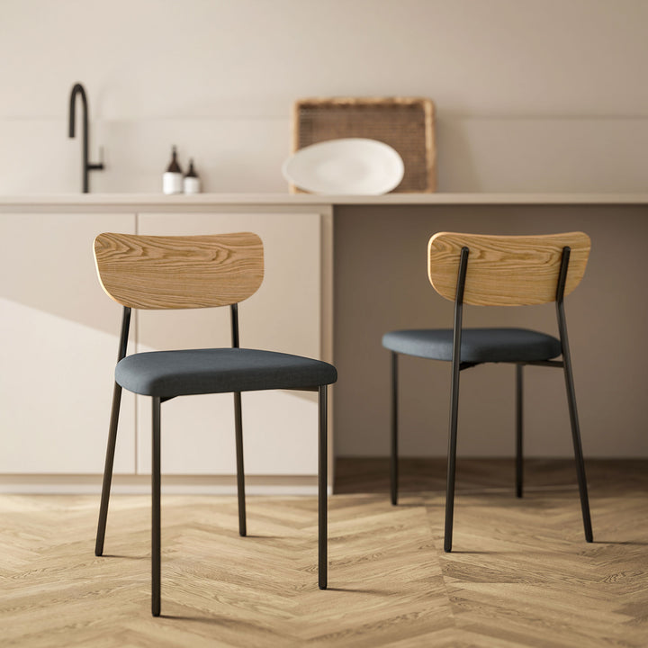 Sæt med 2 spisestole, linnedlook, armløs design, metalben, grå