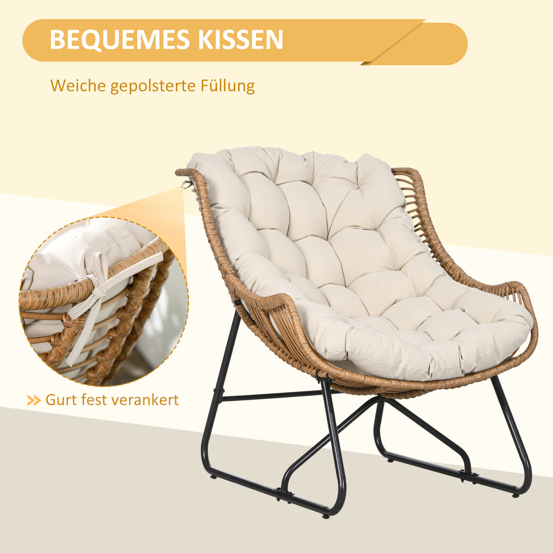 Havestue, rattan-look, udendørs lænestol, med hynde, metalstel, 75x101x90 cm, natur/khaki/sort
