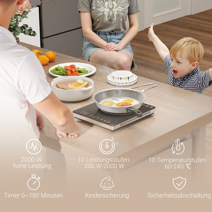 Induktionskogeplade med 10 temperaturniveauer, touchpanel, sort