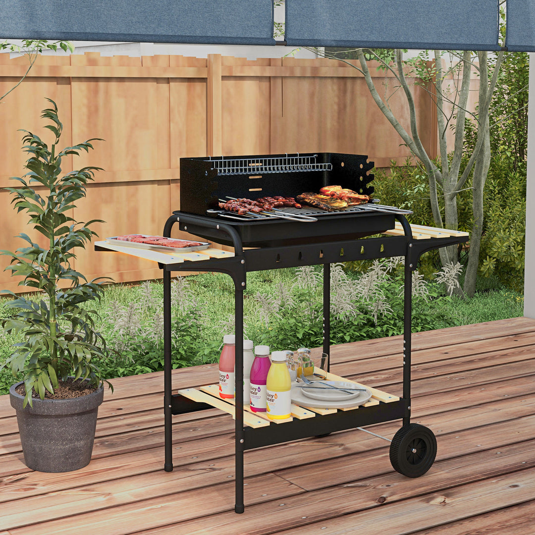 Metalkulgrill BBQ-ryger med hjul, højdejusterbar grillrist, træhylde, 103x47x95 cm, sort