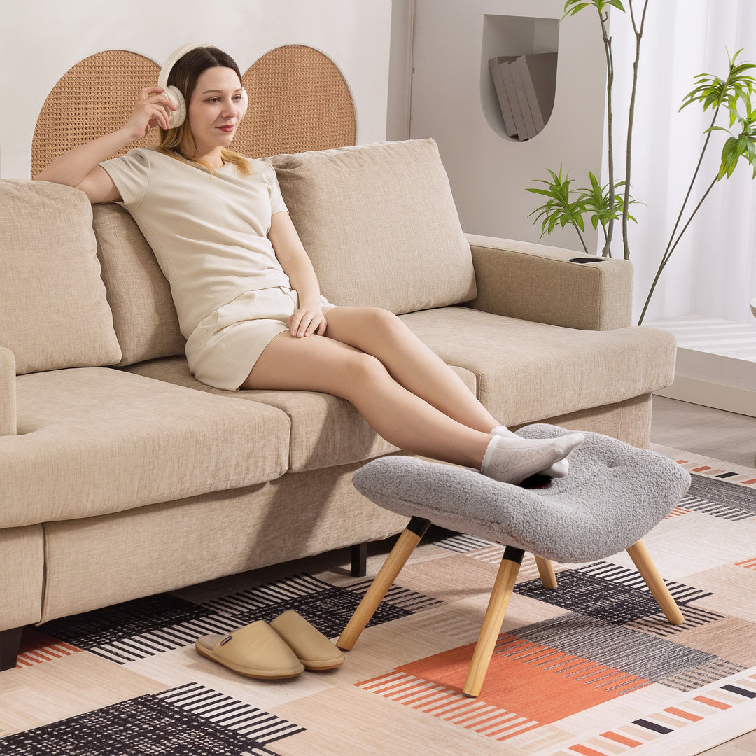 Moderne fodskammel med fleecebetræk og træben, polstret, til stue, soveværelse, entré, lysegrå