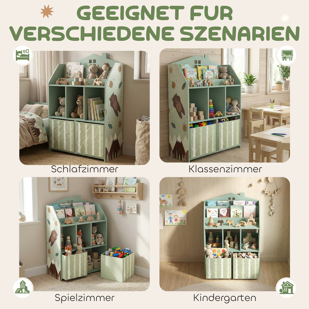 Børnebogreol med 2 stofskuffer, åben hylde til alderen 3-8, 62,5x30x91,5 cm, grøn