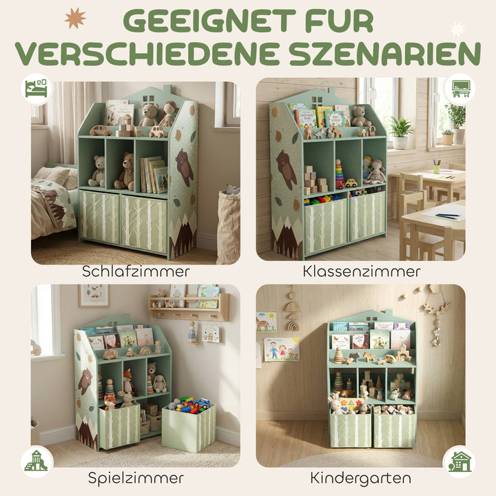 Børnebogreol med 2 stofskuffer, åben hylde til alderen 3-8, 62,5x30x91,5 cm, grøn