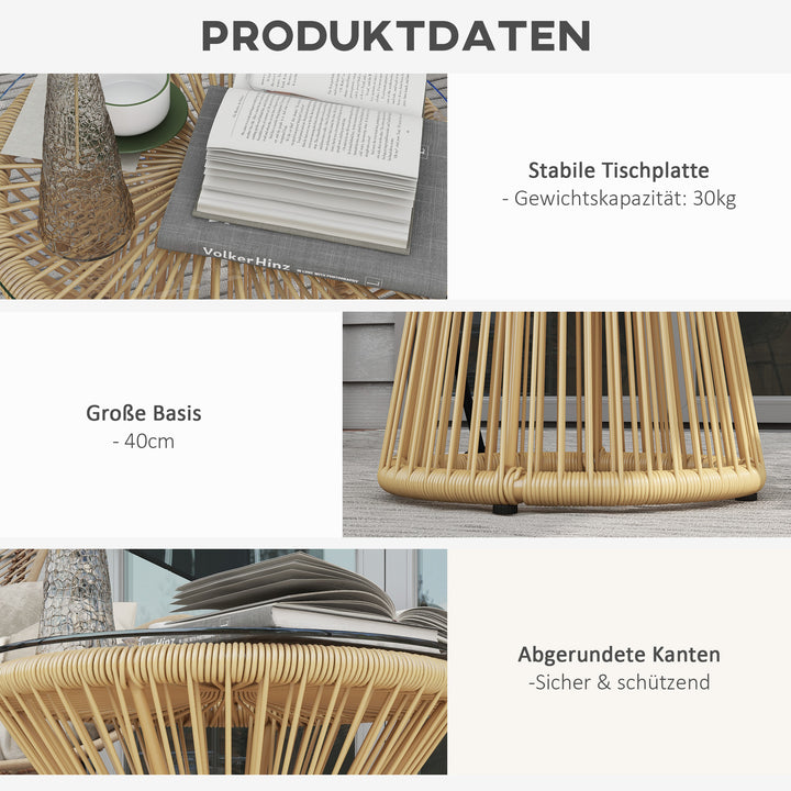 Udendørs sidebord, havebord, rattan sidebord, glasplade, PE-rattan, 40 cm x 40 cm x 42 cm, beige
