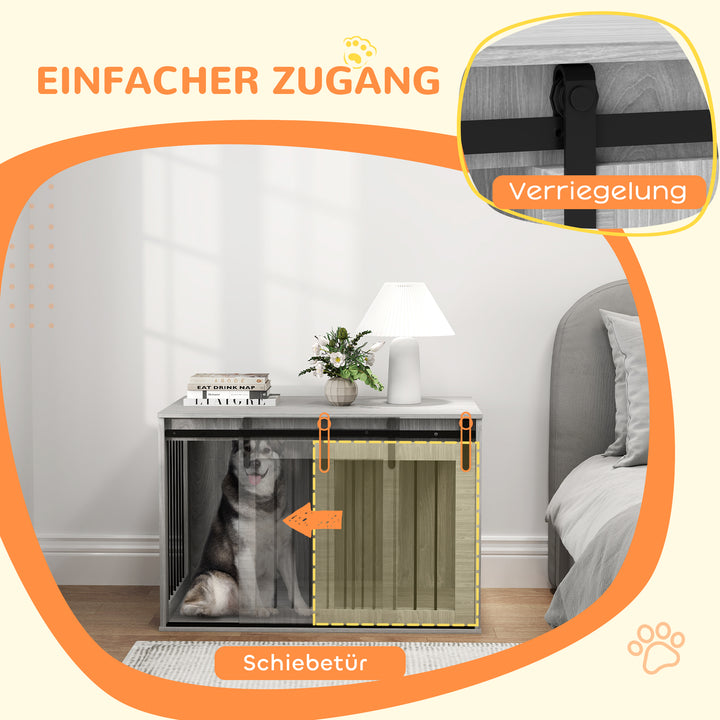 Hundebur med skydedør, ventileret, spånplade og stål, 98 x 58 x 61 cm, grå