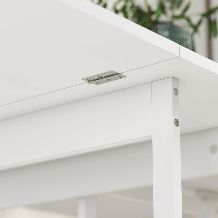 Foldbart spisebord i industrielt design, til op til 4 personer, åbne hylder, fleksibelt, metal, spånplade, hvid