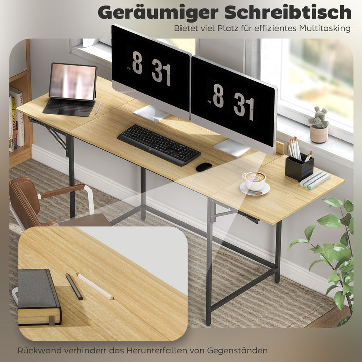 Foldbart computerbord med 2 forlængerpaneler, masser af plads til skærme, metalben, robust konstruktion, eg+sort